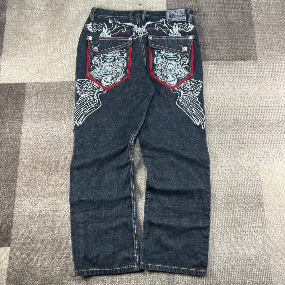 Clench Mens 36X34 Dark Wash Embroidered Winged Back Pocket Baggy Jeans Y2K